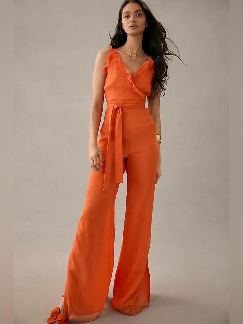 Hutch Tangerine Ruffle Wide Leg Jumpsuit Size 14P Petite NWT